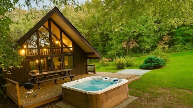 Eine Holzhütte mit Whirlpool und Picknicktisch auf einer Terrasse, umgeben von üppigem Grün.