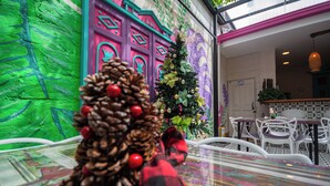 A dining area with a glass table, white chairs, and a Christmas tree with pinecones.