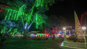 A cobblestone plaza with illuminated trees and a historic monument.