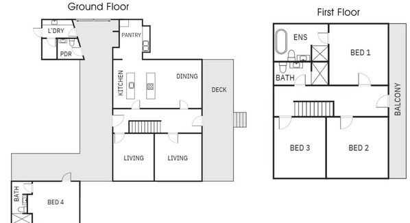 A floor plan with two floors, including a ground floor with a kitchen, dining area, living rooms, and a balcony, and a first floor with three bedrooms, a bathroom, and an en-suite bathroom. - Eagles Nest Milton, a beautifully restored Homestead. (Milton)
