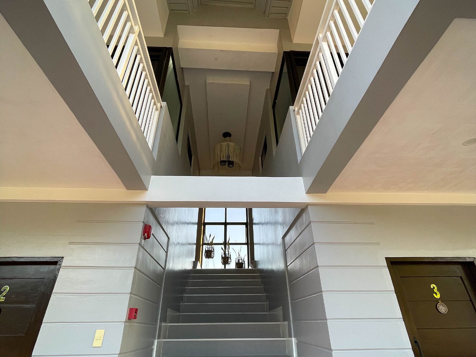 Un escalier donnant sur l’étage supérieur, une porte portant le numéro 3 et une petite fenêtre ornée de plantes.