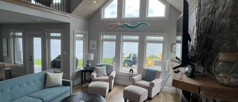 TV connectée, cheminée, livres