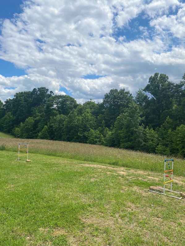A grassy field with two metal swings and a dense forest in the background.