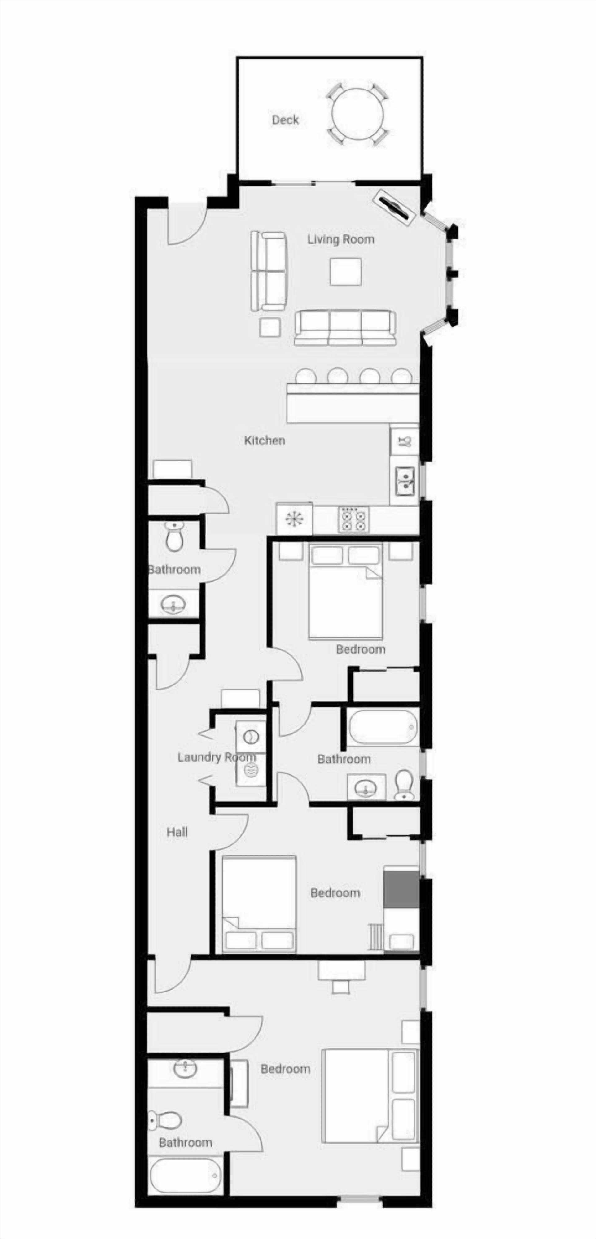 Pianta di una casa con veranda, soggiorno, cucina, due camere da letto, due bagni, lavanderia e disimpegno.
