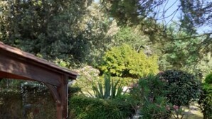 A covered outdoor area with a gravel path, surrounded by dense greenery and trees. - Welcome to Villa Bergeracoise - Les Cigales. (Eyraud-Crempse-Maurens)