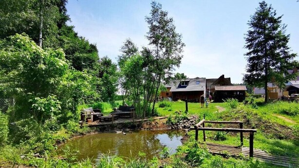 Un chalet rustique avec un étang, entouré d’une végétation luxuriante et d’arbres.