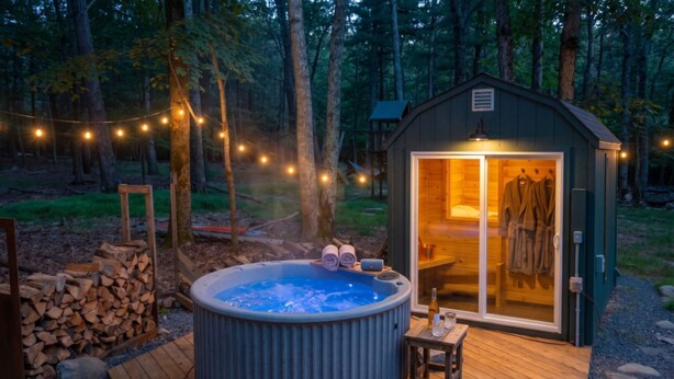 Ein Whirlpool, eine Holzterrasse und eine kleine Holzhütte mit Glastür.