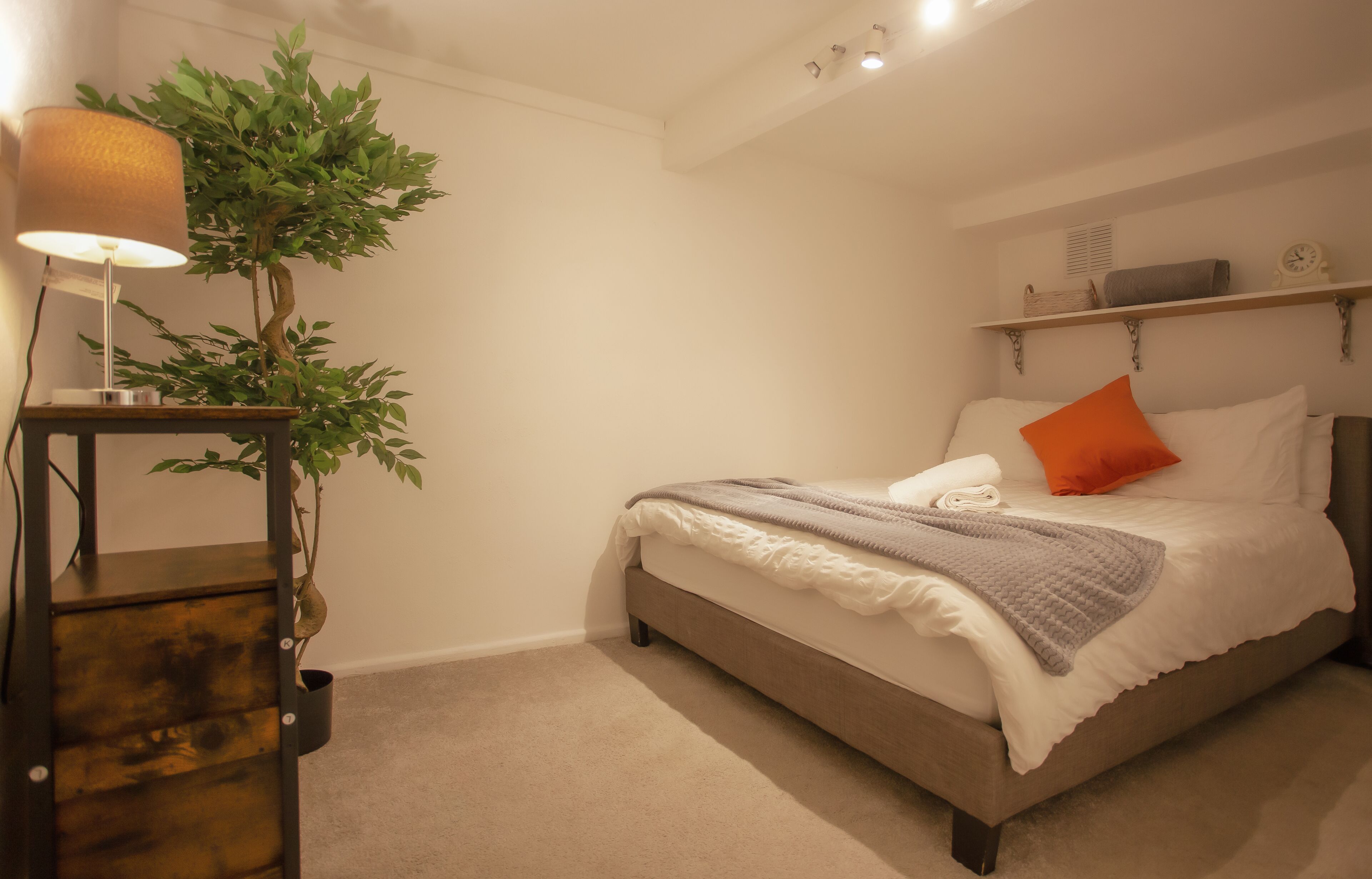 Une chambre à coucher avec un lit, une table de chevet avec une lampe, une étagère avec quelques objets et une plante.