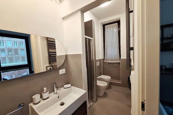Shower, hair dryer, bidet, towels