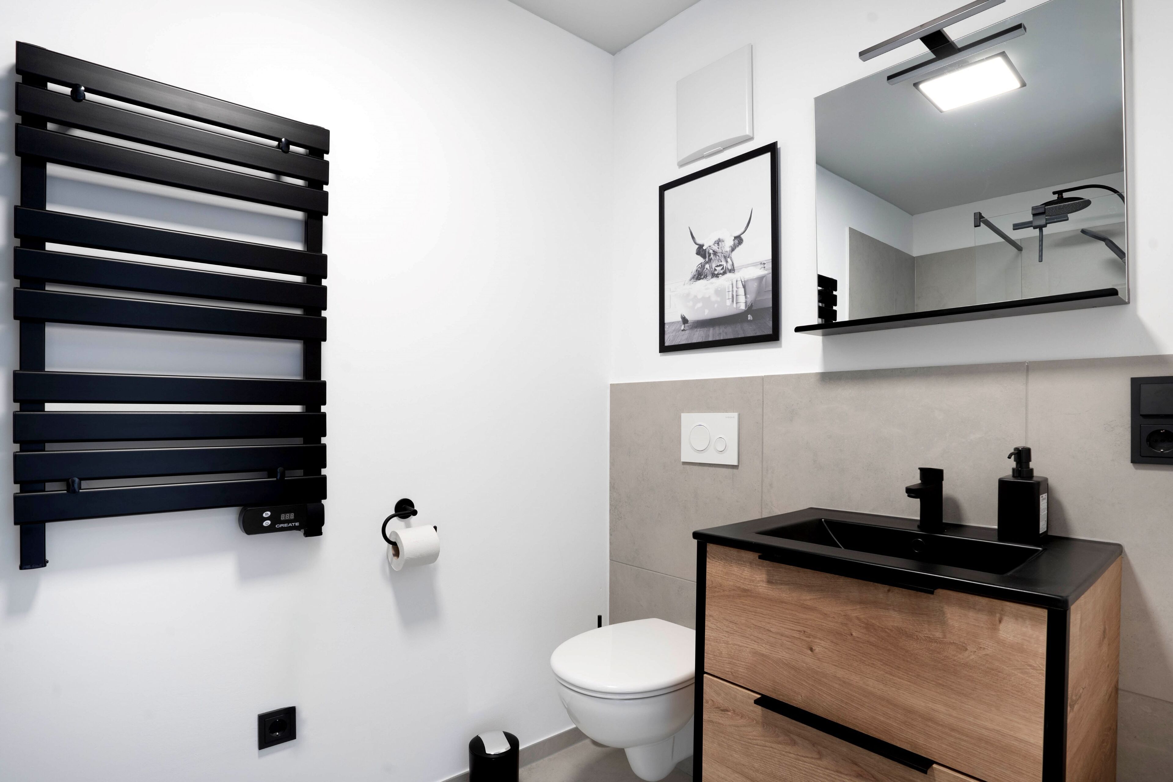 A modern bathroom with a black towel rack, a toilet, a sink with a black countertop, and a framed picture on the wall.