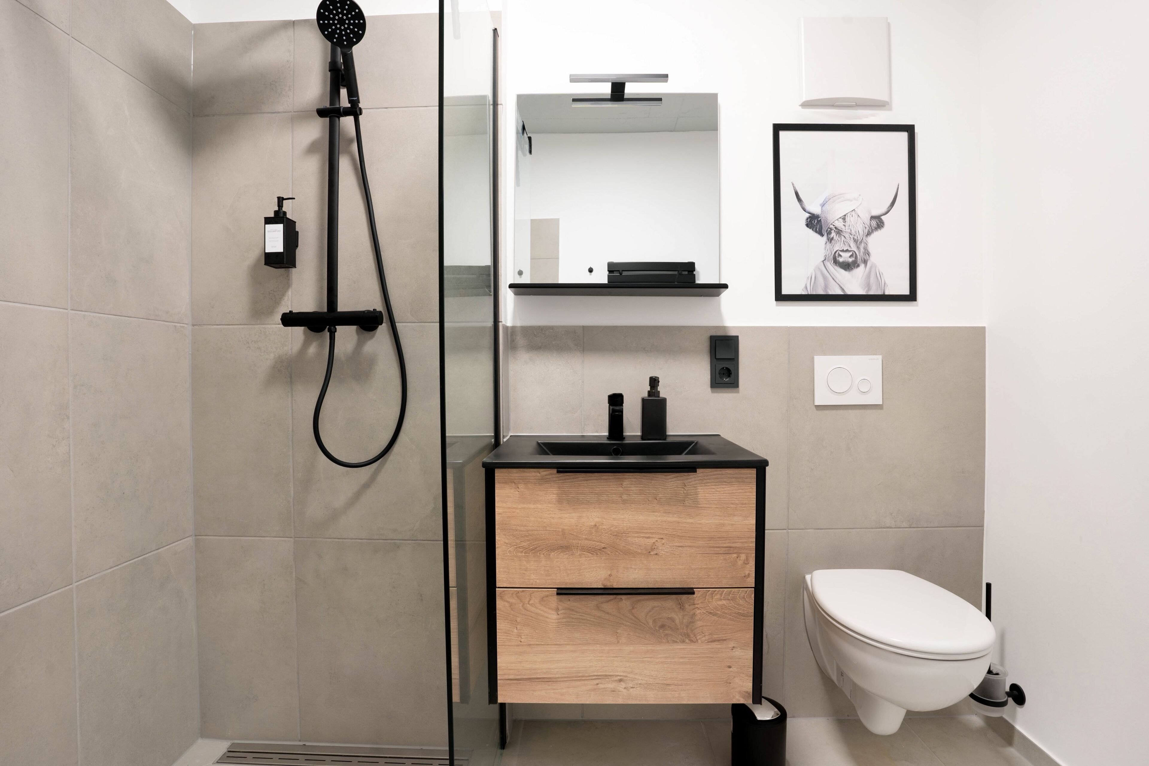A modern bathroom with a shower, a sink with a mirror, and a toilet.