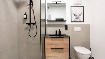 A modern bathroom with a shower, a sink with a mirror, and a toilet.