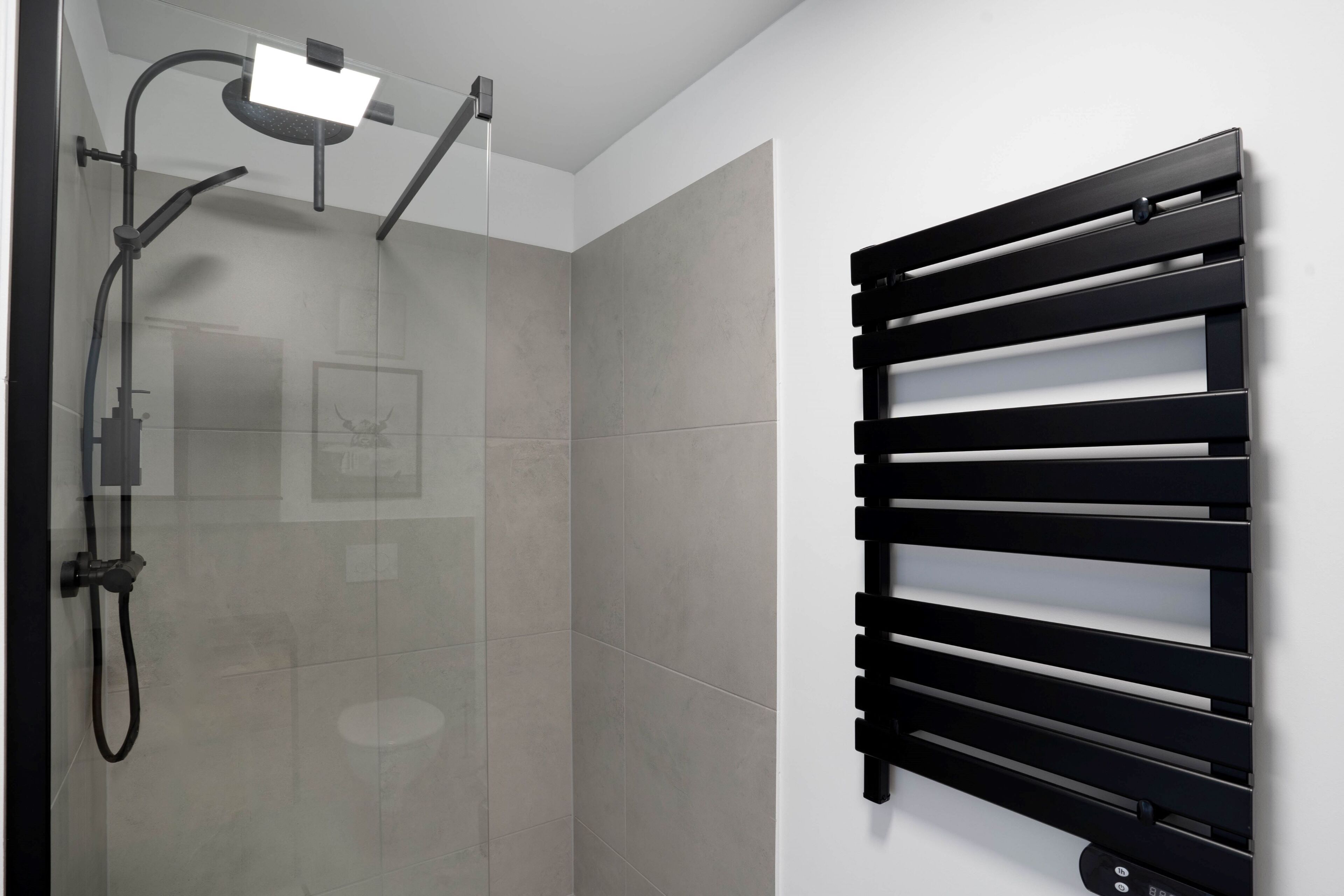A modern bathroom with a glass shower enclosure, a black towel rack, and a visible toilet.
