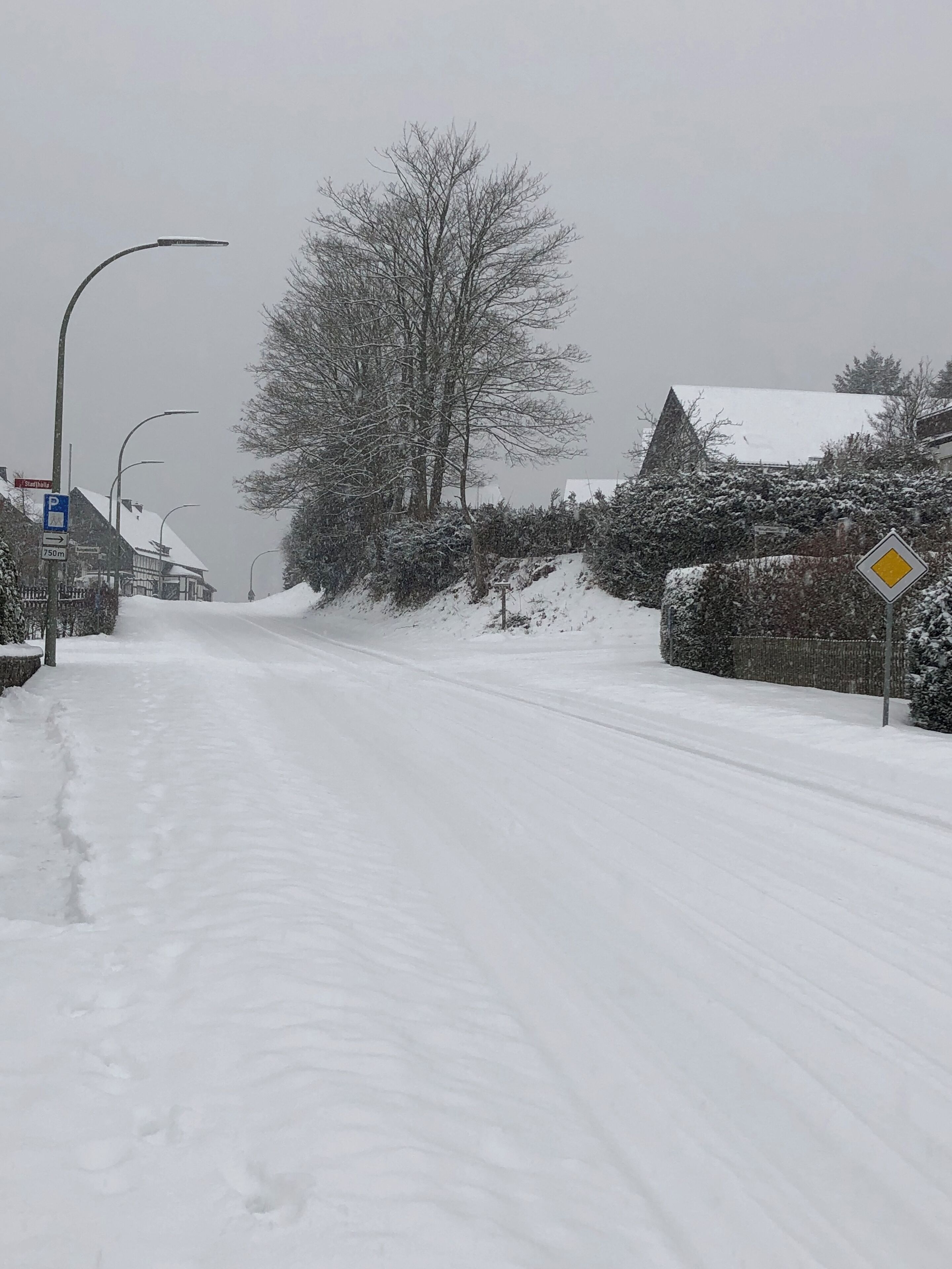 Uma estrada coberta de neve com sinal de faixa de pedestres, placa de indicação e sinal de alerta amarelo.