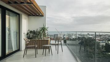 A balcony with two chairs, a small table, and a potted plant.