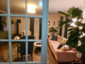 Smart TV, fireplace, books
