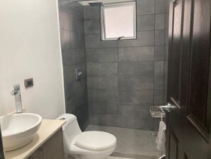 Hair dryer, towels, soap, shampoo