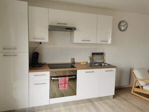 Frigorífico, microondas, horno y placa de cocina