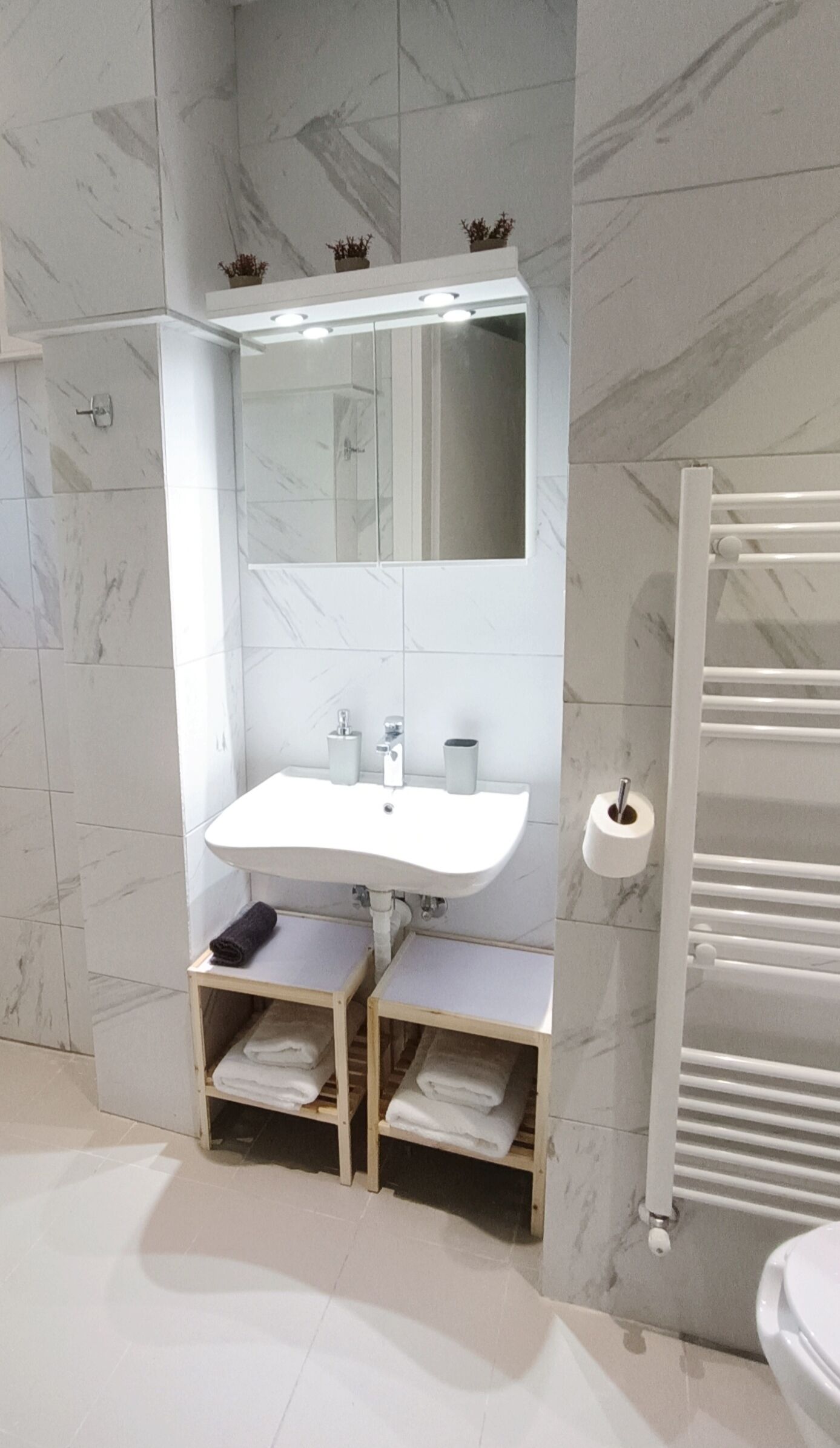 Une salle de bain avec un lavabo blanc, un miroir et des porte-serviettes.