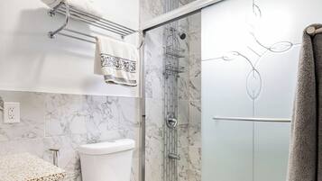 Hair dryer, bidet, towels, soap