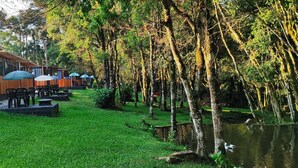 A riverside restaurant with outdoor seating and a wooden building. - Cabanas Loft Paraíso (Gramado)