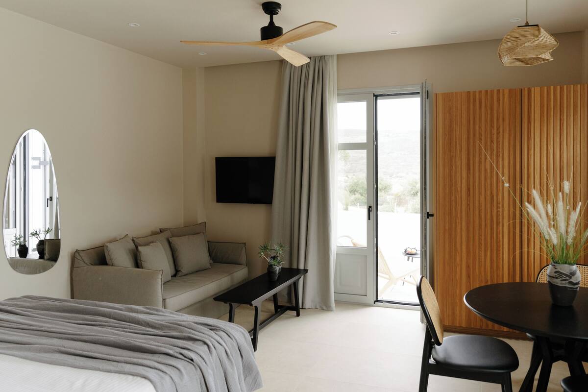 Une chambre moderne comprenant un lit, un canapé, une table à manger et un téléviseur.