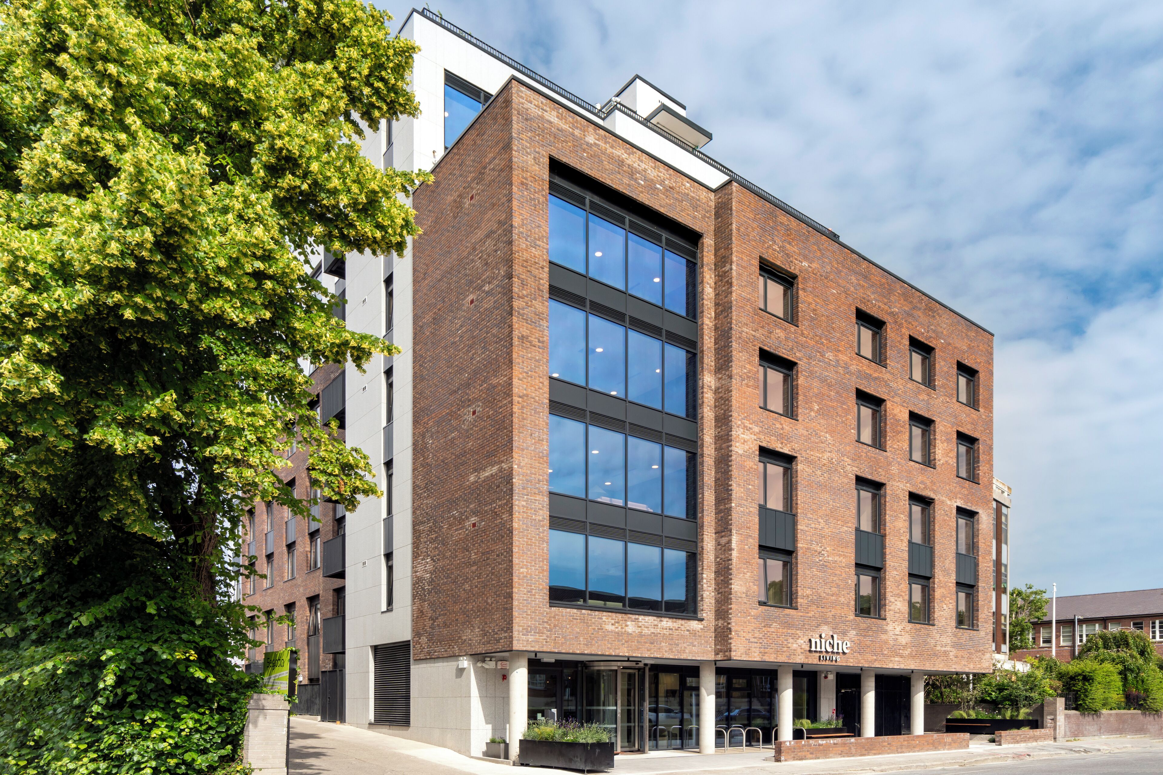 A modern building with a brick facade, large windows, and a sign that reads "Miche."