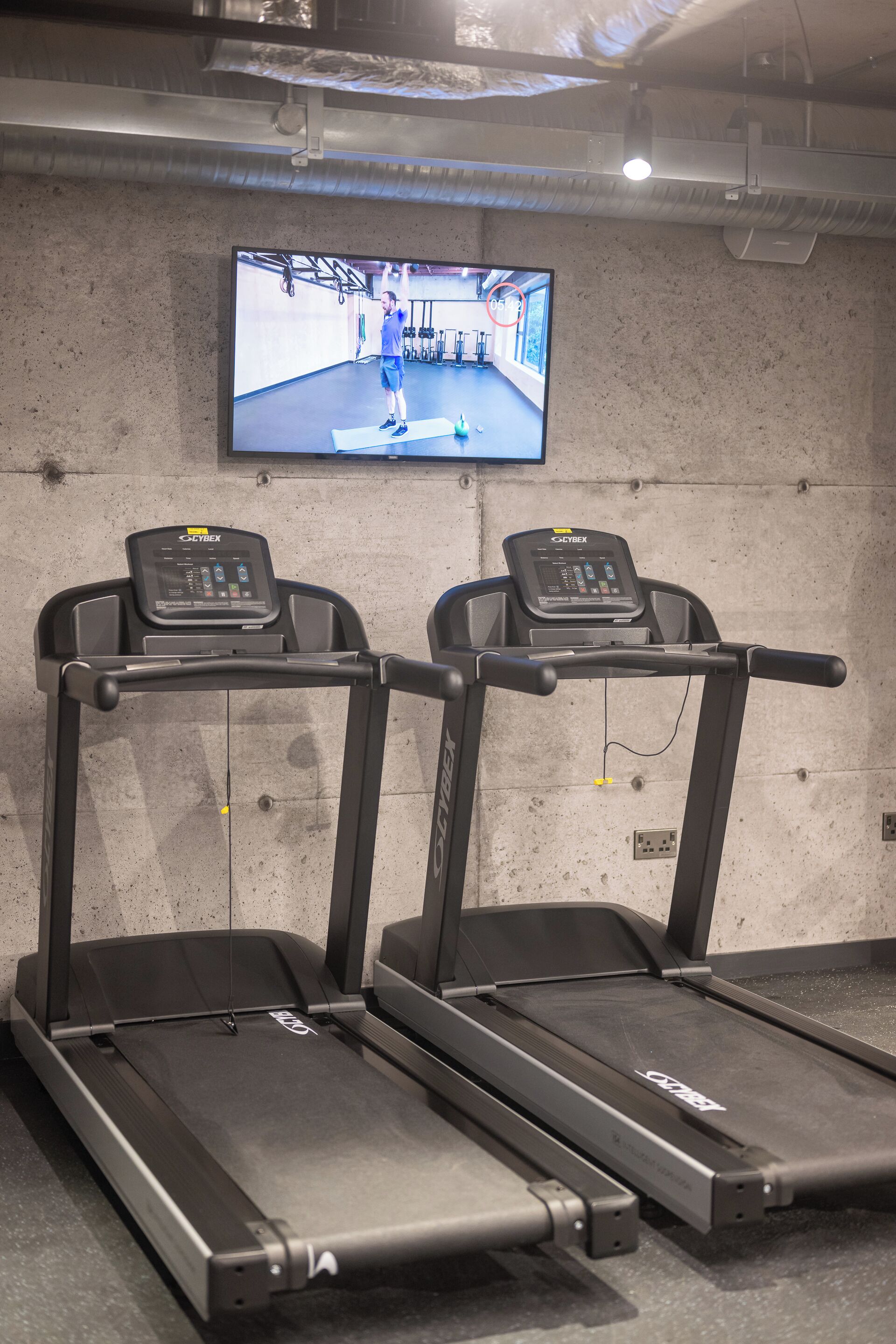 Two treadmills with digital displays, a television mounted on the wall, and a concrete floor.