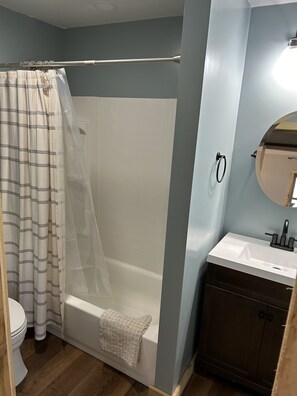 Shower, hair dryer, towels, toilet paper