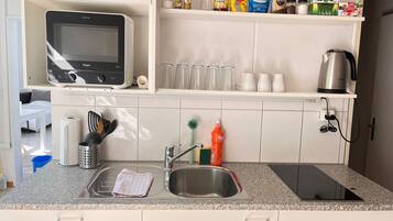 Fridge, microwave, dishwasher, cookware/dishes/utensils