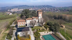 Un vaste domaine comprenant un bâtiment principal, une tour et des vignobles environnants.