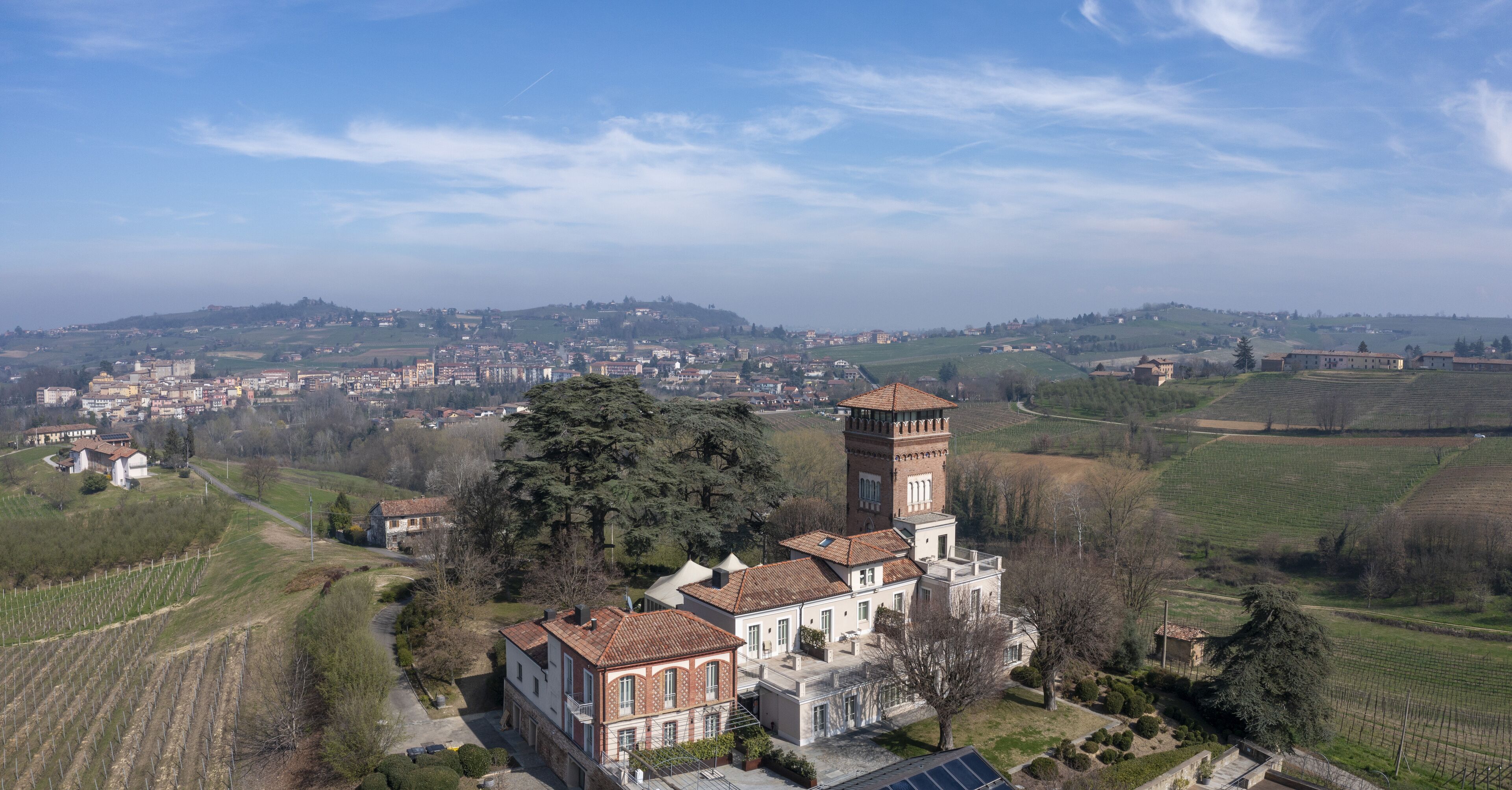 A historic building with a tower, surrounded by vineyards and a town in the background.