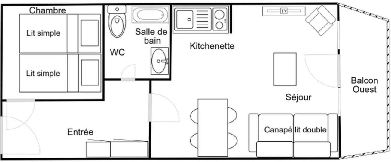 Distribució d'una habitació d'hotel amb vàter, petita cuina, balcó i zona de seients.