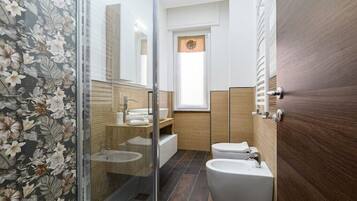Shower, hair dryer, bidet, towels