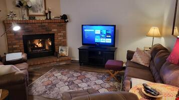 Televisión, chimenea y reproductor de DVD