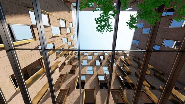 A modern building with a unique geometric facade, multiple balconies, and a tree visible through the windows. - Radisson Hotel Graz (Graz)