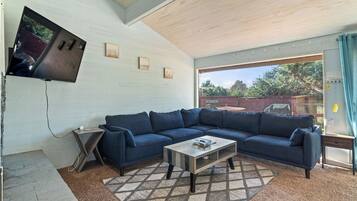 TV connectée, cheminée, livres