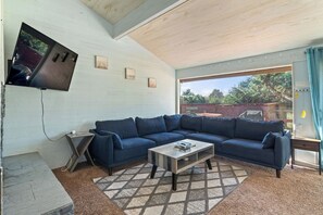 TV connectée, cheminée, livres