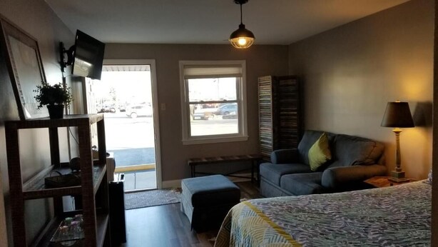 Une chambre avec un lit, un canapé, un bureau, une télévision et une fenêtre.
