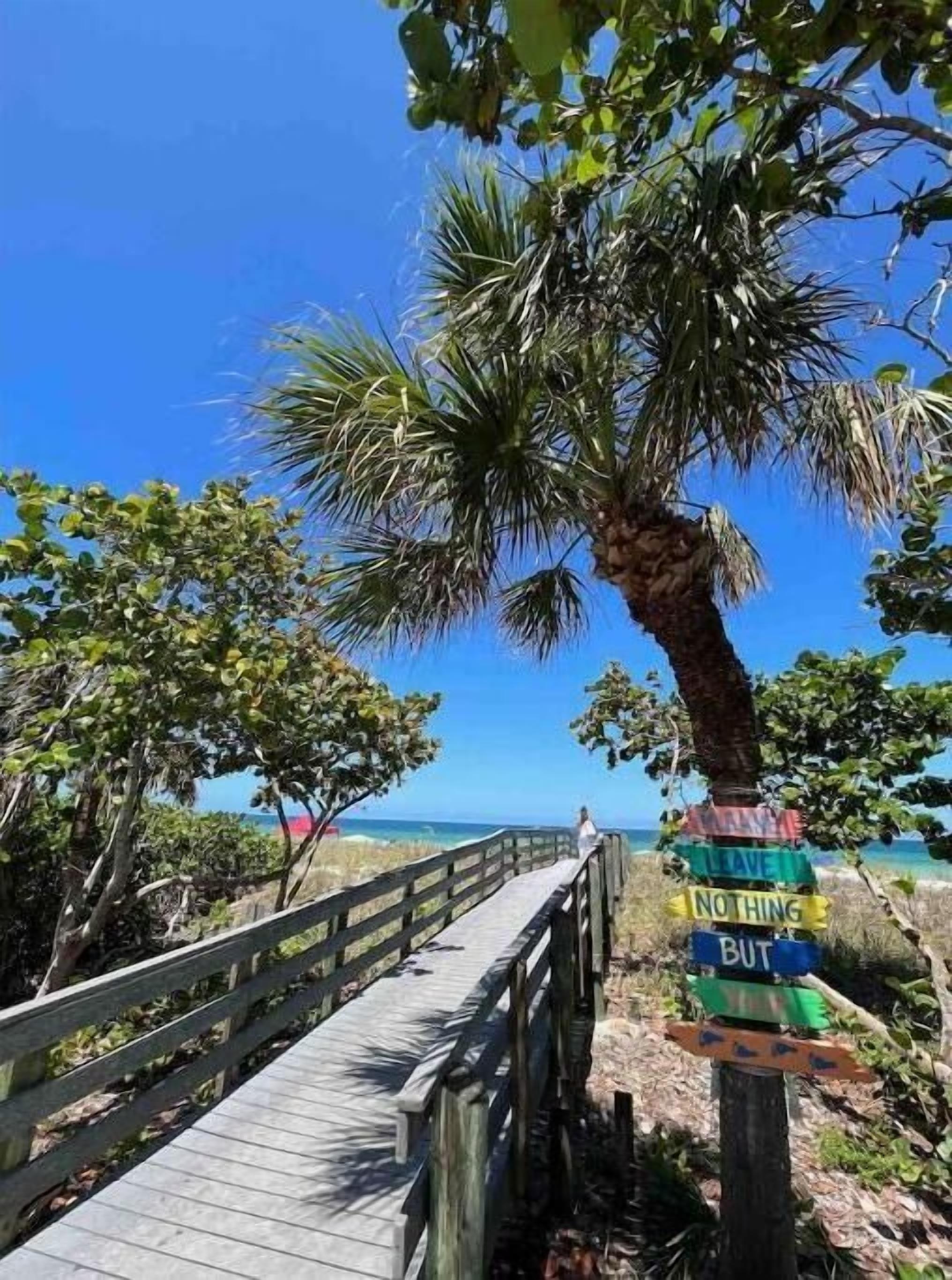 A wooden boardwalk leading to a beach with a palm tree and a sign with various messages.