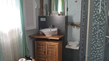 Hair dryer, bathrobes, towels, soap