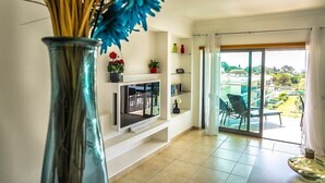 A living room with a TV, a glass vase with dried plants, a bookshelf, and a sliding glass door leading to a balcony with outdoor furniture.