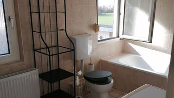 Hair dryer, towels, soap, toilet paper