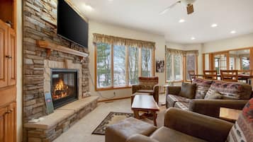 Smart TV, fireplace, books