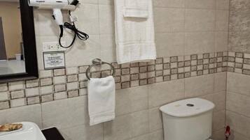 Hair dryer, towels, soap, shampoo