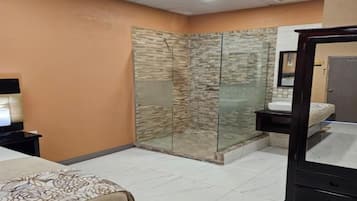 Hair dryer, towels, soap, shampoo