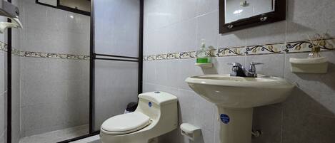 Egy fürdőszoba, amelyben WC, mosdókagyló és zuhanyzó található.