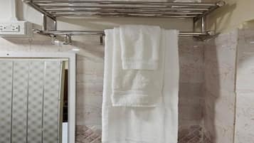 Hair dryer, towels, soap, shampoo