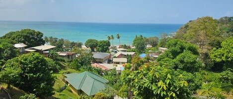 A coastal village with houses and greenery, a clear sky, and the ocean in the background.