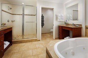 Shower, jetted tub, hair dryer, towels